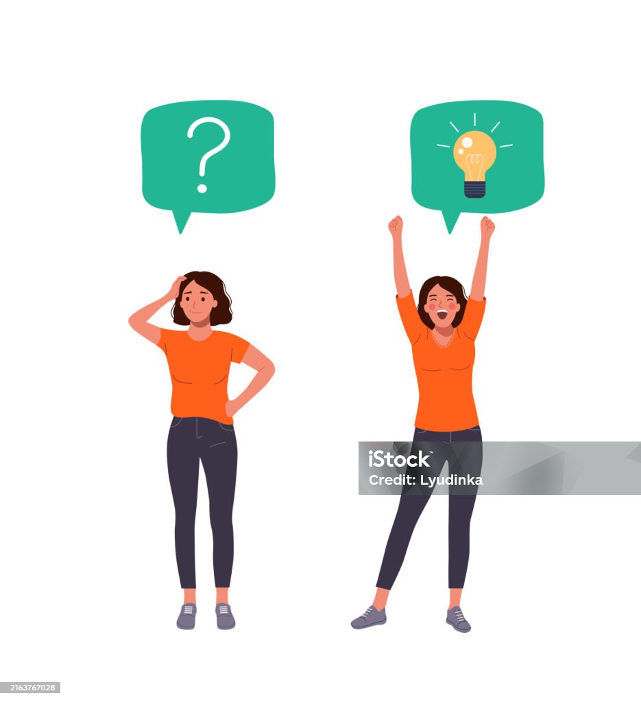 Young woman with question mark in think bubble and  finding new idea. Shiny light bulb. Flat style cartoon vector illustration. - Royaltyfri Alternativ vektorgrafik Young woman with question mark in think bubble and  finding new idea. Shiny light bulb. Flat style cartoon vector illustration. - Royaltyfri Alternativ vektorgrafik