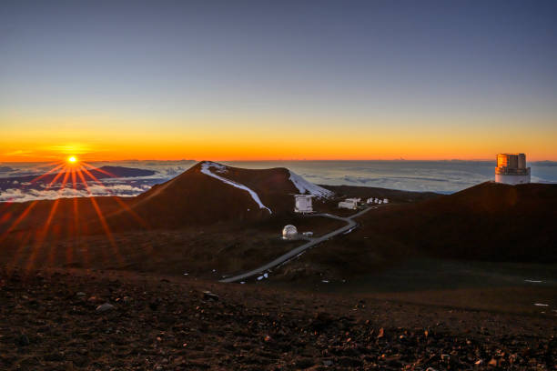 The Mauna Kea observatories at the top of Mauna Kea (13800 ft) in Big Island, Hawaii at sunset.