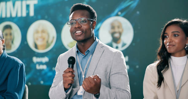 istock Presentation, black man or talking at conference for information, climate change or sustainability. Male researcher, representative or speaking at event for environment care, lecture or seminar intro 2163778194