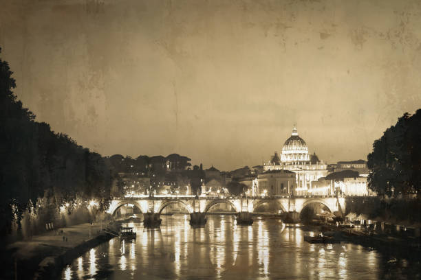 istock Rome old postcard, Vatican Dome with bridge on Tiber river - vintage style 2163784084
