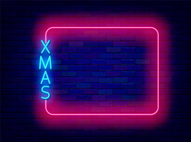 istock Merry Christmas neon greeting card. Empty pink frame and xmas text. Winter holiday and season sale. Vector illustration 2163785117