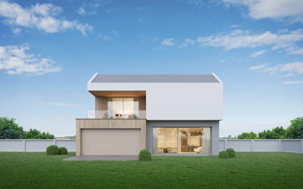 istock Modern house exterior with fence on the grass and blue sky.3d rendering 2163785334
