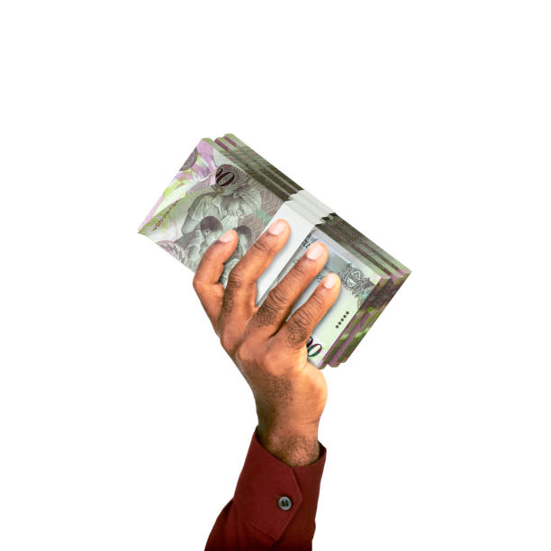 istock Raised hand Holding stacks of Botswanan pula notes isolated on white background 2163788059