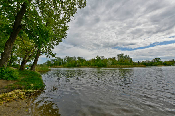 Spring landscape on the bank of the river Samara Ukraine.