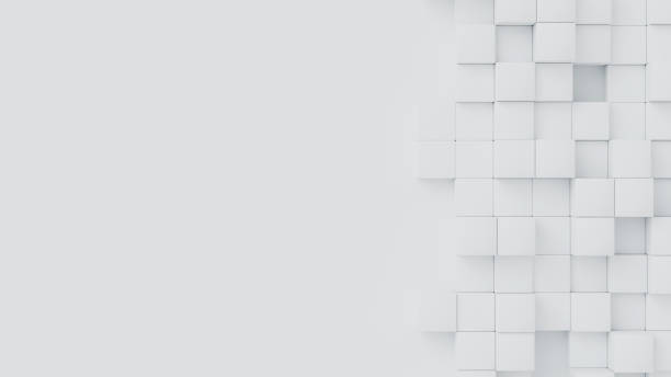 istock White cubes with random size on white backdrop. A place for text on the left. Abstract 3d render illustration geometrical concept background. 2163795305