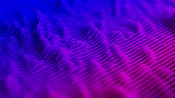 istock Abstract landscape with wavy slices. Audio paper cut equalizer. Layered data graph in blue and violet colors. 3d render illustration 2163797169