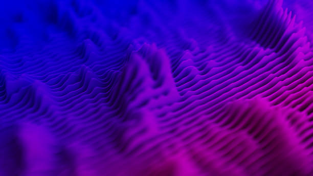 istock Abstract landscape with wavy slices. Audio paper cut equalizer. Layered data graph in blue and violet colors. 3d render illustration 2163797177