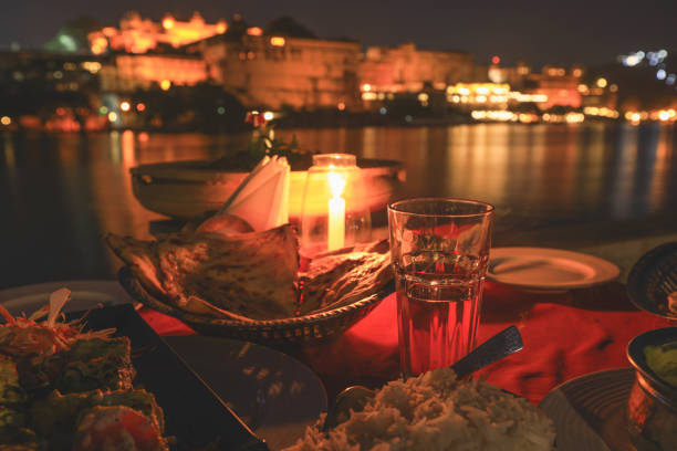 istock Indian meal with rice nan and vegetables on table 2163798061