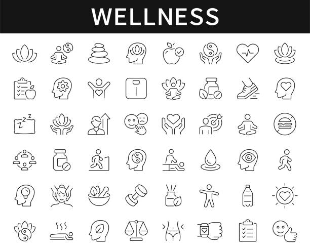 Wellness thin line icons set. Relaxation, massage, yoga, spa, meditation, health, wellbeing editable stroke icon. Vector Wellness thin line icons set. Relaxation, massage, yoga, spa, meditation, health, wellbeing editable stroke icon. Vector illustration nutrients icon stock illustrations