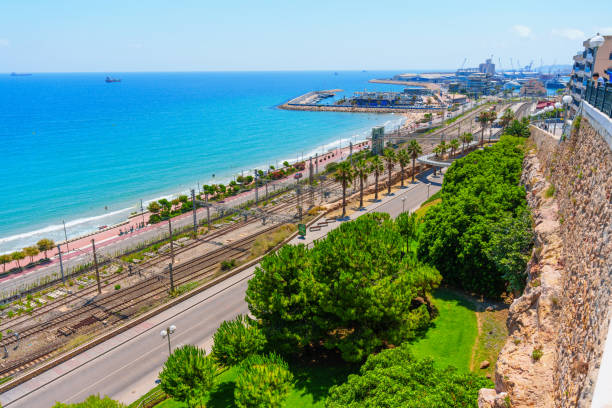 Tarragona, Spain - July 15, 2024: View of beaches and marina with palm trees in foreground in Tarragona, Spain.
