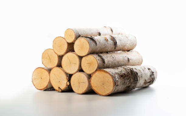 istock Stack of birch firewood on a white background isolate. Material for lighting a fire, close-up 2163801567
