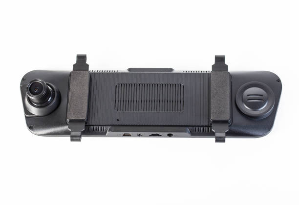 istock Car mirror with rear view camera and video recorder on a white background, isolate, close-up 2163801582