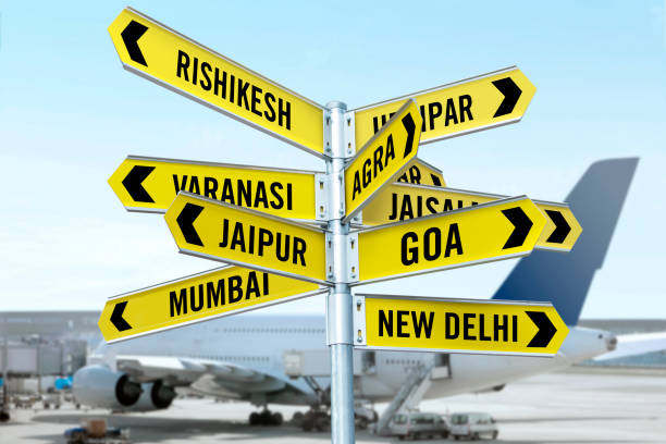Road signs with travel locations in India in an airport terminal