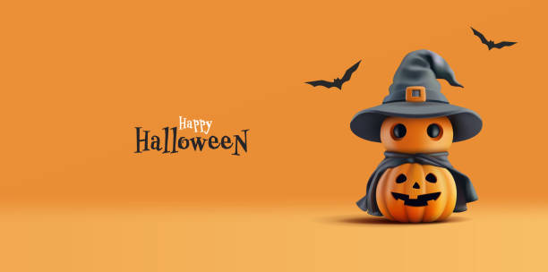 istock Pumpkin with a monster in a hat, bats, 3D. Orange banner for Happy Halloween celebration concepts. Vector 2163804190