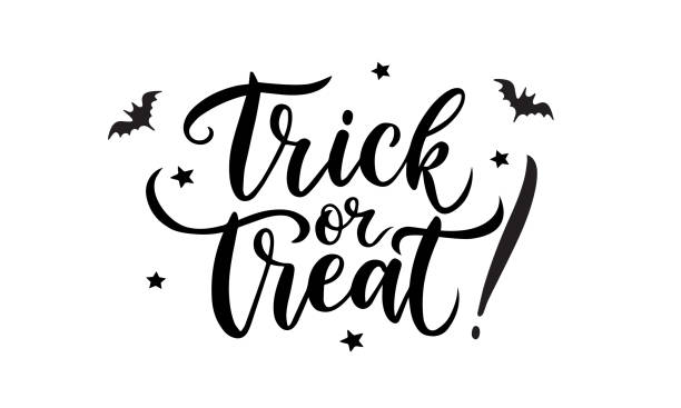 trick or treat kaligrafické písmo citace, černý vektorový text izolovaný na bílém pozadí. vhodné pro halloween design pro plakáty, bannery a pozvánky na párty akce - halloweenské koledování stock ilustrace