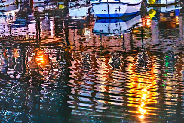 Colorful Evening Illuminated Harbor Marina Water Reflection Abstract Boats Dartmouth Devon England.
