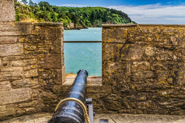 Colorful Cannon Castle Dartmouth Kingswear Devon England.  Castle originally built 1300s to protect harbor and River Dart. In 1400s castle expanded and iron chain to Kingswear to protect harbor.