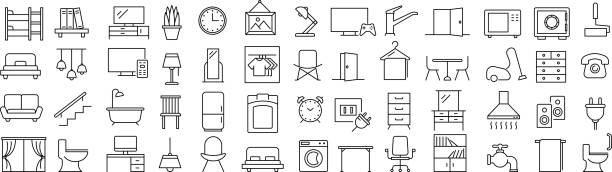 wektor line art zestaw ikon do mebli - wystrój obrazy stock illustrations