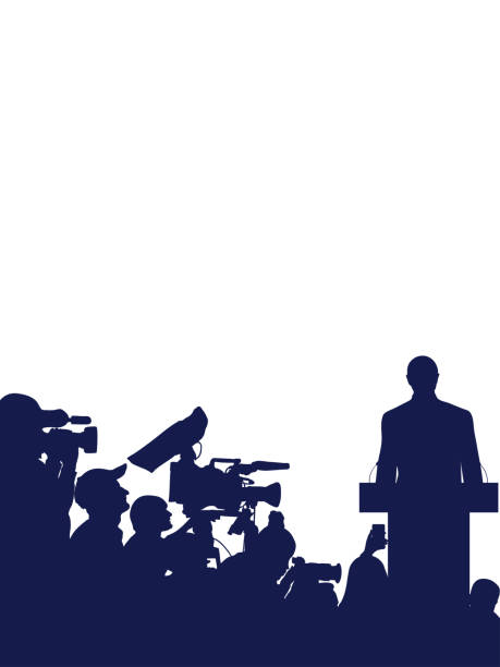 istock Election. Candidate with election program and reporters, cameramen. Silhouette of people. Vector illustration 2163831463