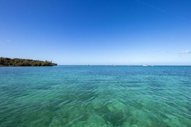 Boats anchored in a sunny bay in the Bahamas