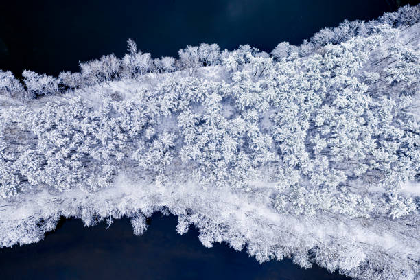 istock Top down view of winter river and snowy forest. 2163841185