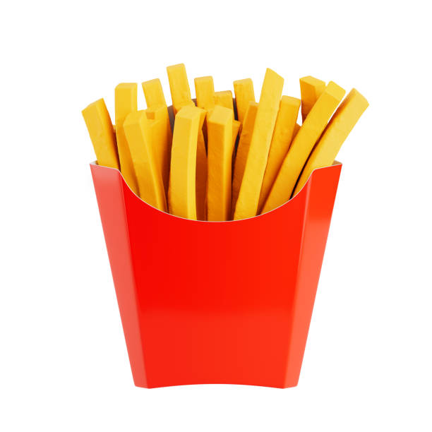 Blank red paper pack with french fries mockup, side view, 3d rendering. Empty carton bucket with crispy fast food mock up, isolated. Clear colored packaging with oil finger chips template.