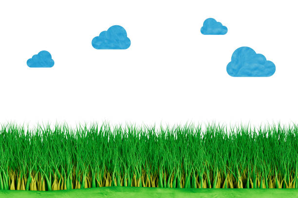 Abstract Plasticine Clay Landscape with Green Gress and Blue Clouds on a White Background. 3d Rendering