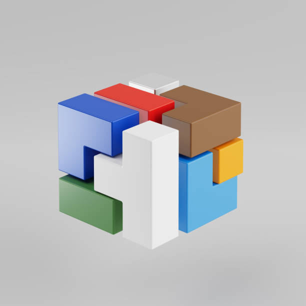 Abstract Geometric Compose of Colorful Blocks in Shape of Cube Logo Icon. 3d Rendering