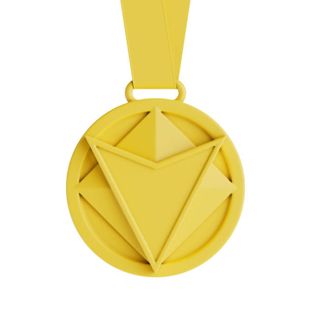 Yellow Abstract Geometric Shapes Medal with Arrow in Clay Style on a white background. 3d Rendering