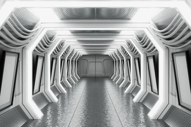 istock Bright Futuristic Sci-Fi Hallway Corridor of Spaceship Interior. 3d Rendering 2163859584