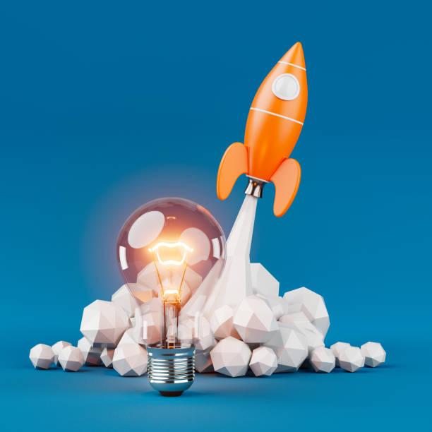 istock Startup Creative Idea Concept. Toy Rocket Takes Off Spewing Smoke with Creative Light Bulb. 3d Rendering 2163859597
