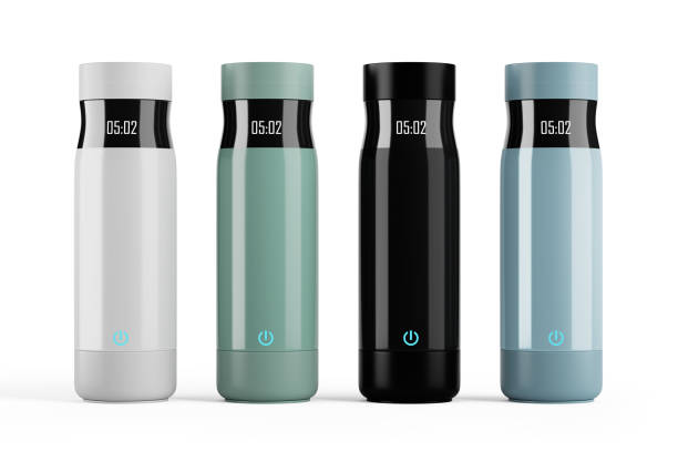 istock Row of Big Modern Multicolor Smart Thermos Bottles with Timer Indicator and On Sensor Button. 3d Rendering 2163859603