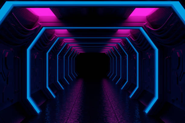 istock Bright Neon Light Futuristic Sci-Fi Hallway Corridor of Spaceship Interior. 3d Rendering 2163859633