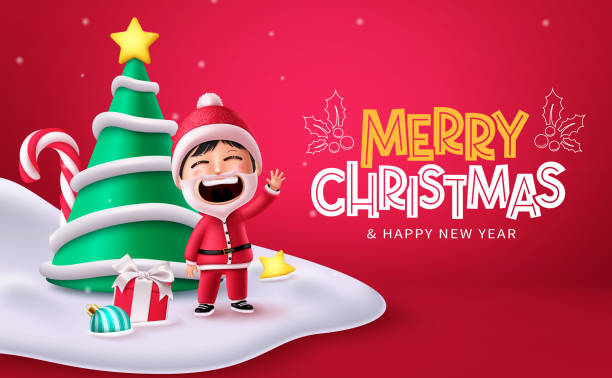 istock Merry christmas greetings vector design. Christmas greeting text with santa claus kid character standing and waiving in snow winter 2163861482