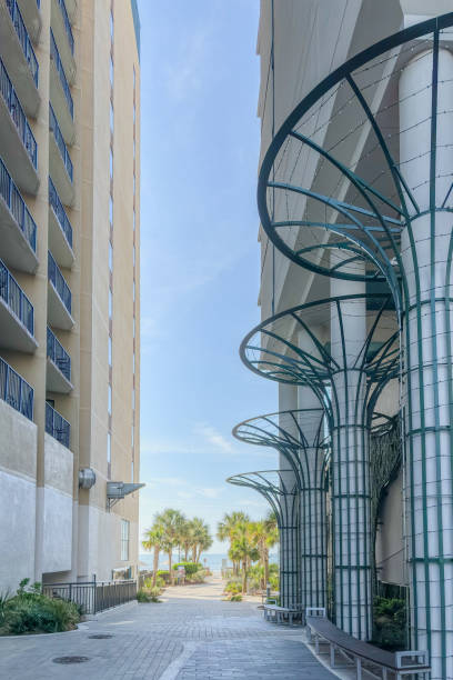 Myrtle Beach, South Carolina - April 30, 2024:  A beautiful beach access pathway next to (on the right) the new SpringHill Suites and Courtyard that's opened in 2022.  HDR encoded.