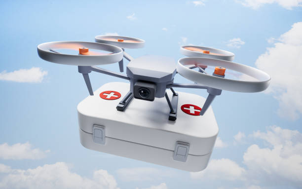 istock Realistic drone carrying the first aid medical box, 3d rendering. 2163863195