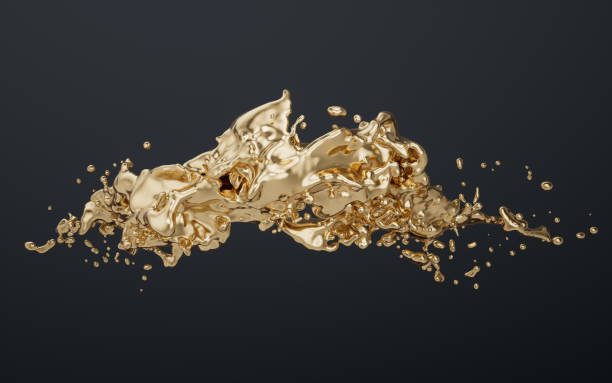 istock Flowing golden fluid with splashing shape background, 3d rendering. 2163863254