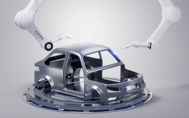 istock Car manufacturing and mechanical arms, 3d rendering. 2163863262