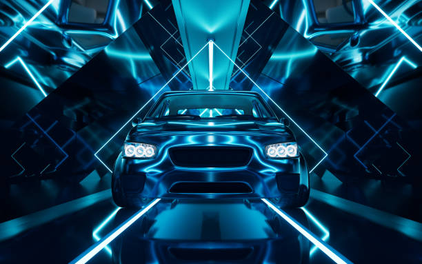 istock Car in the dark neon tunnel, 3d rendering. 2163863272
