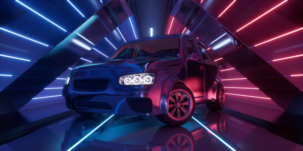 istock Car in the dark neon tunnel, 3d rendering. 2163863275