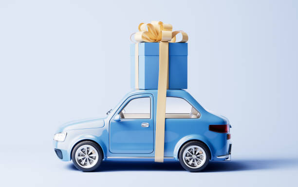 istock 3D style automobile car carrying the gift box, 3d rendering. 2163863768
