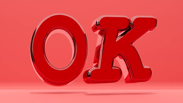istock Graphic icon. red text of ok, red crystal glass text on red background. 3d rendering 2163870630