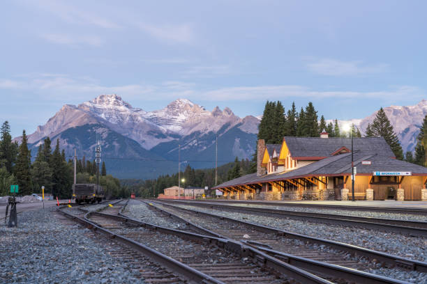 Banff Railway Station in summer evening. Banff National Park, Canadian Rockies. Banff, Alberta, Canada.