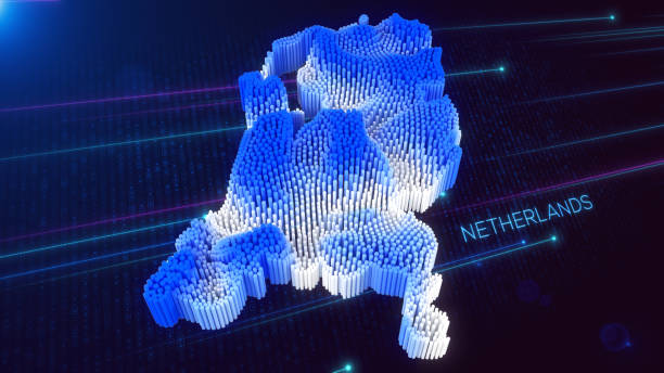 istock Digital 3D Perspective Dynamic Rippling Map of Netherlands in Blue and White, Set Against Dark Futuristic Background 2163878804