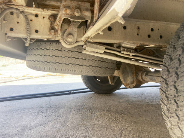 istock Spare wheel under the pick-up truck 2163879743