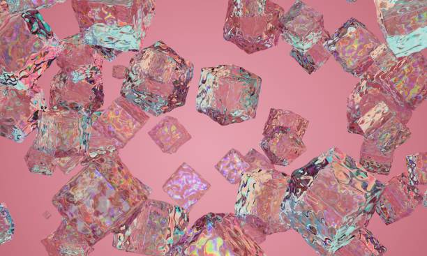 surreal CGI composition featuring a transparent, refracting cube suspended in mid-air against a scenic mountain backdrop. The cube distorts and bends light, reflecting hues of pink, blue, and orange, seamlessly blending with the pastel-toned sky. The landscape below is partially covered by mist or atmospheric dust, enhancing the dreamlike and futuristic ambiance