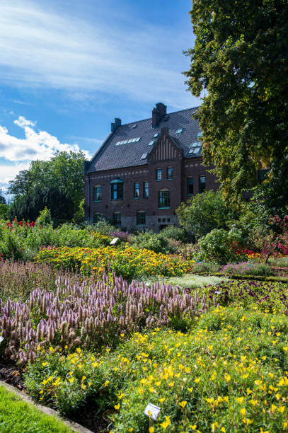 istock Historic brick building surrounded by flowers in Lund botantical gardens during summer 2163882901