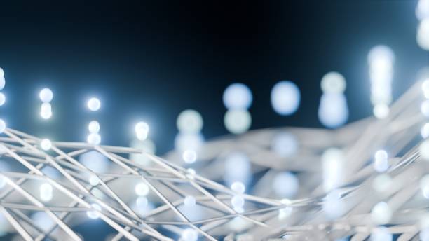 An abstract 3D render symbolizes the essence of technology and connectivity through a futuristic neural network and glowing fiber optics, embodying innovation in the cyber world