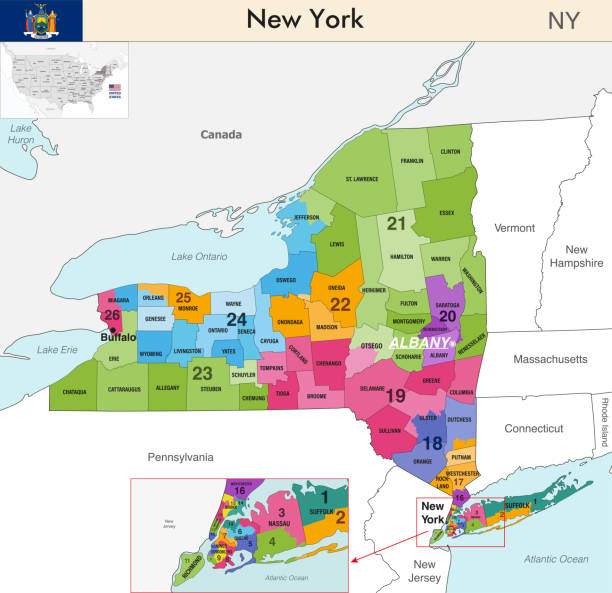 New York state map with counties borders and colored congressional districts boundaries due to The 2020 United States census and which is valid since 2023. Flag of New York. Vector All elements were drawn in a vector graphics editor and design program. Elements and layers are well organized, separable, detachable and easy to use and edit. Map data is in the public domain, available from the United States Census Bureau via census.gov new york map close up stock illustrations
