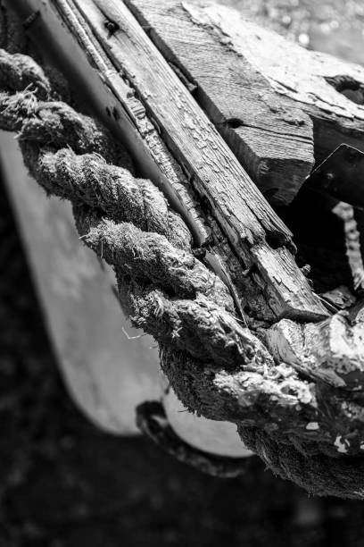 istock Old ship ropes on fishing boat 2163894405